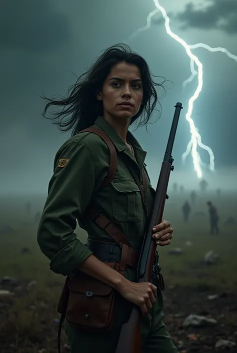 
 In the midst of Brazils war of independence ,  María Quitéria stands like a bold heroine .  She wears a military uniform of the time ,  with a rifle in her hand and eyes fixed on the horizon .  Her face reflects determination and courage ,  as the wind s...