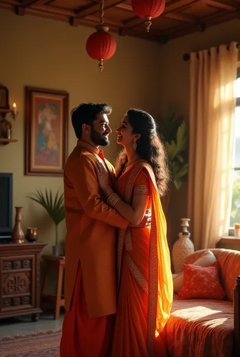 Young happy indian couple at their apartment.