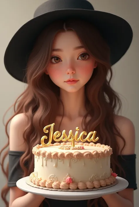 Long-haired girl with brown eyes holding a cake with the name of Jessica wearing a black hat