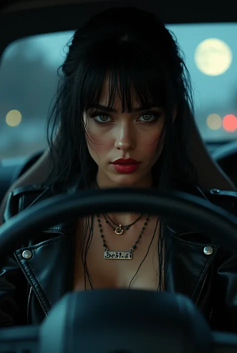 beautiful woman, two lips, slanted gray eyes ,  brown skin,  full red lips ,  long black hair with bangs, dressed in a leather and lace jacket,  necklace with the name Seshat , driving a car, wet hair, sensual, passion, model,  dark night,  Full Moon,   Fu...