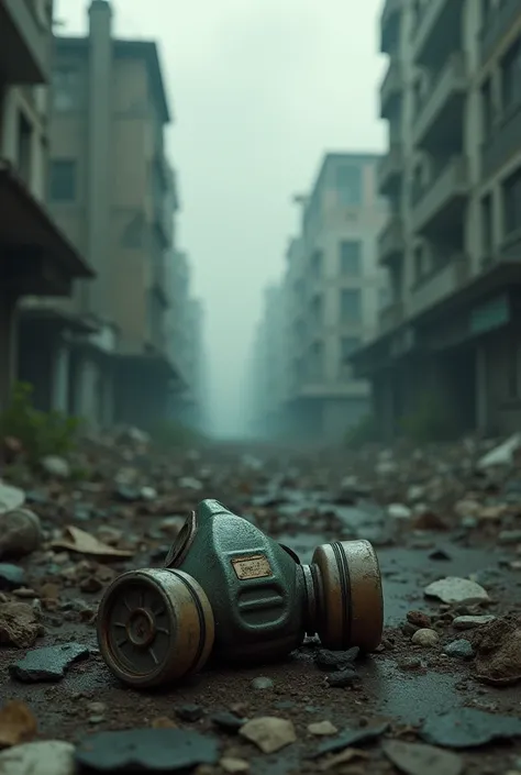 Contaminated city and a respirator lying on the ground