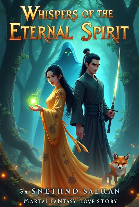 "A mystical fantasy book cover featuring a young woman with long black hair dressed in flowing martial arts robes adorned with phoenix motifs, holding a glowing jade pendant. She stands in a vibrant, enchanted forest filled with glowing spirit energy and e...