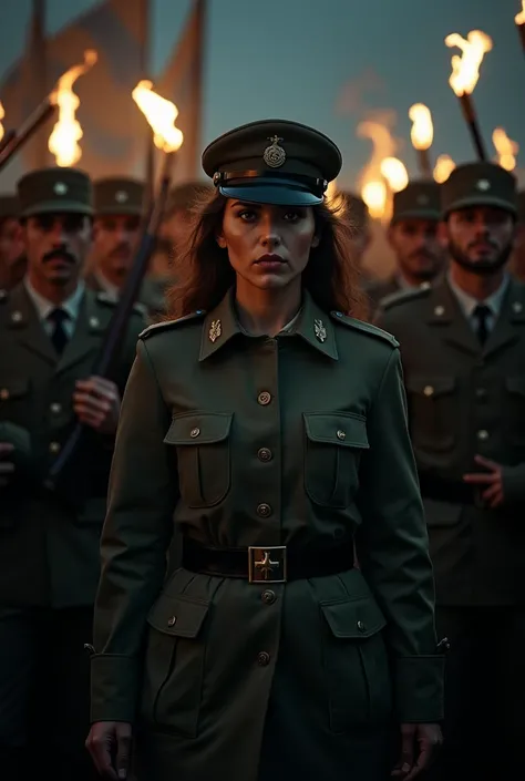  On a dark and tense night ,  María Quitéria infiltrates the Brazilian army , disguised as a man .  She wears a mens military uniform ,  with her face partially covered by a campaign hat .  His posture is firm ,  with a cold and decisive expression as she ...