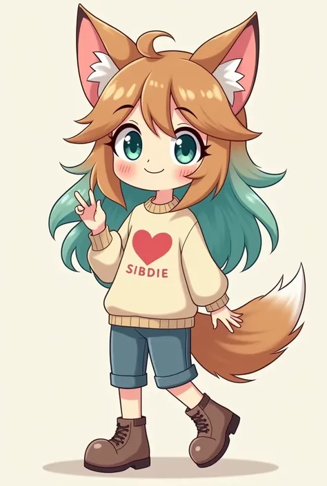 20 year old cartoon girl ,  cartoon of light brown hair and long turquoise hair with eyes of the same colors one has a heart and the other a star and is explaining ,  And clothing with a sweater that says Sibdie and that the style is simple but of high qua...