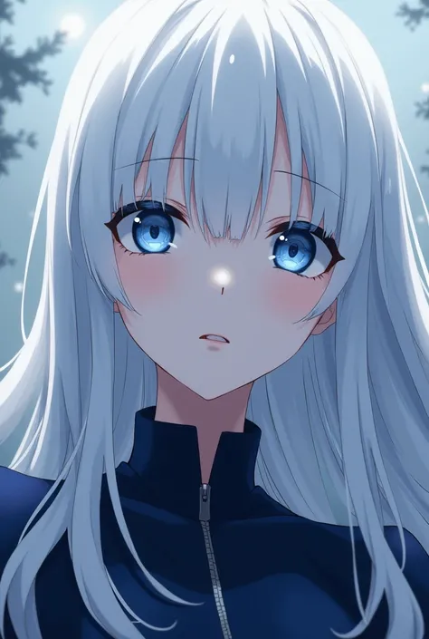 Screenshot Female character from the anime "Jujutsu Kaisen" With white hair and bright blue eyes, fair skin, navy blue clothing 