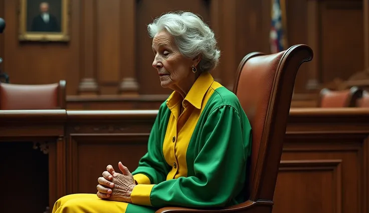 elderly lady dressed in green and yellow kneeling 
 in chair praying in a courtroom