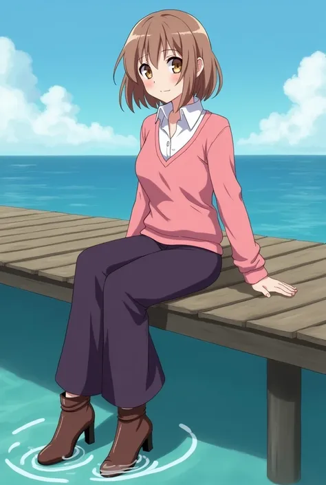 Anime young woman , light brown shoulder-length hair, Elvis-Tolle ,  brown eyes,  white blouse , pink v-neck sweatshirt ,  long wide dark purple pants over brown boots with black block heels,  sit on a wooden pier in the sea , keeps your right foot underwa...