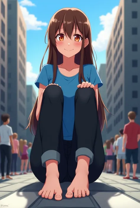 giant anime girl,  with long brown hair, orange eyes, In the background a city, He wears a blue shirt ,  tight black jeans, barefoot, sitting on a city street ,  focus on the soles of the feet ,  sitting on the floor ,  smiling,  many people watching the g...