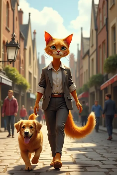 An human-sized anthropomorphic cat taking a golden retriever for a walk in York, England