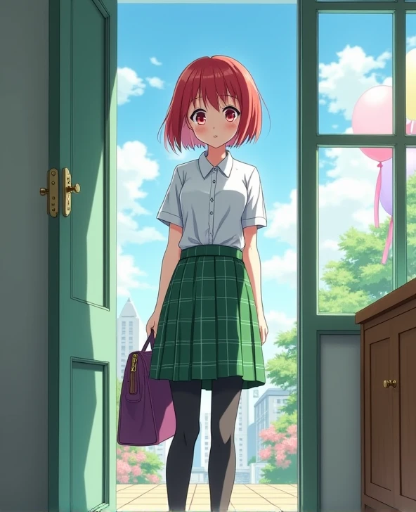  A 17-year-old anime lady , anime To love ru,  soft lighting ,   Standing at the door of a living room with its door open on the third floor , behind her are the windows decorated by balloons and streamers of the inner corridor of a white school with light...