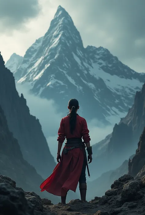 A dark mountain background with a female red shirt warrior standing with her back facing 