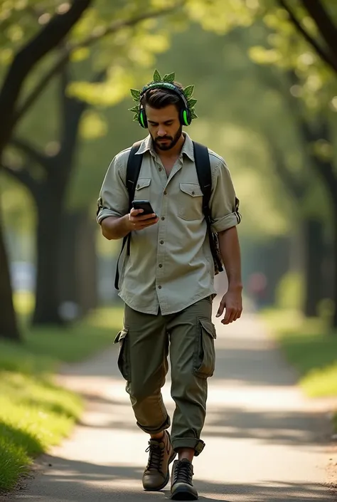 [Type of Image: Candid shot of a stylish man walking through a lush park while wearing forest-inspired headphones]
A photorealistic image of a man walking along a sunlit path in an urban park, wearing headphones sculpted with overlapping leaf designs. The ...