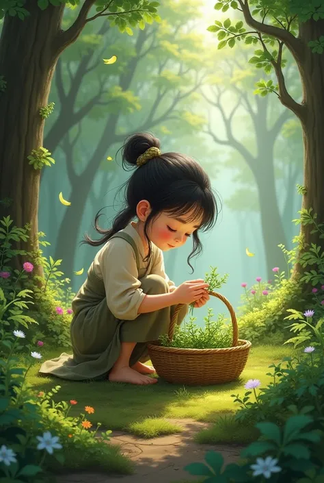 Ling collecting herbs in the forest
Image prompt: A serene forest landscape with Ling, a young village girl, kneeling on the ground, surrounded by lush greenery, collecting herbs in a woven basket.