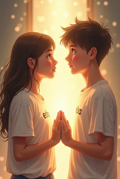 Create an image of a young couple praying receiving light ,  where the boys shirt says “Edmen” and the girls “Elisa”