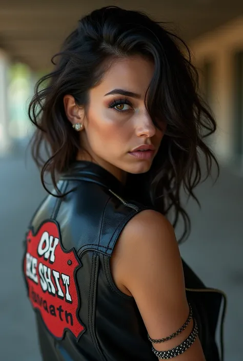  Create an image of a woman with medium to shoulder wavy hair,pele caucasiana,dark eyes shaped like , biker biker style with vest ,And a patch saying "Oh Shit" on the  