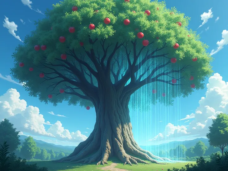  a giant tree split in half , Apples grow on one side ,  on the other side diamond crystals fall, anime, realism, fantasy