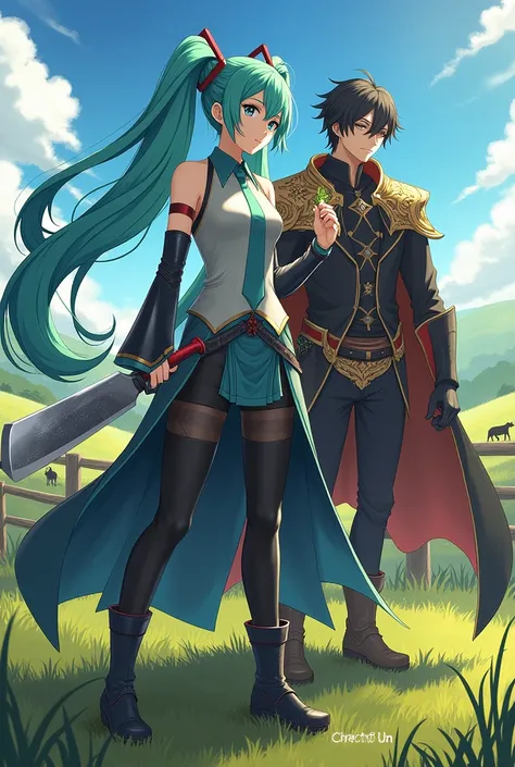 Hatsune Miku with a machete on the ranch with Kinich from Genshin impact while drinking a chieftain