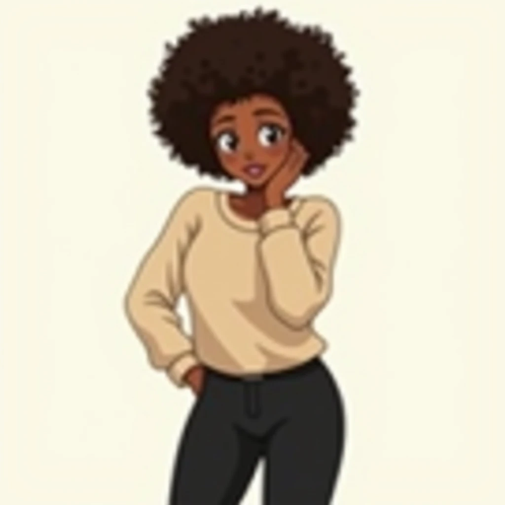 drawing style: detailed anime:  the character is a 32-year-old black woman .  Afro hair and the color is dark brown ,  the anime eyes are brown . Slightly curvaceous body .  The expression is surprising .  wearing a simple beige shirt and black leggings.  ...