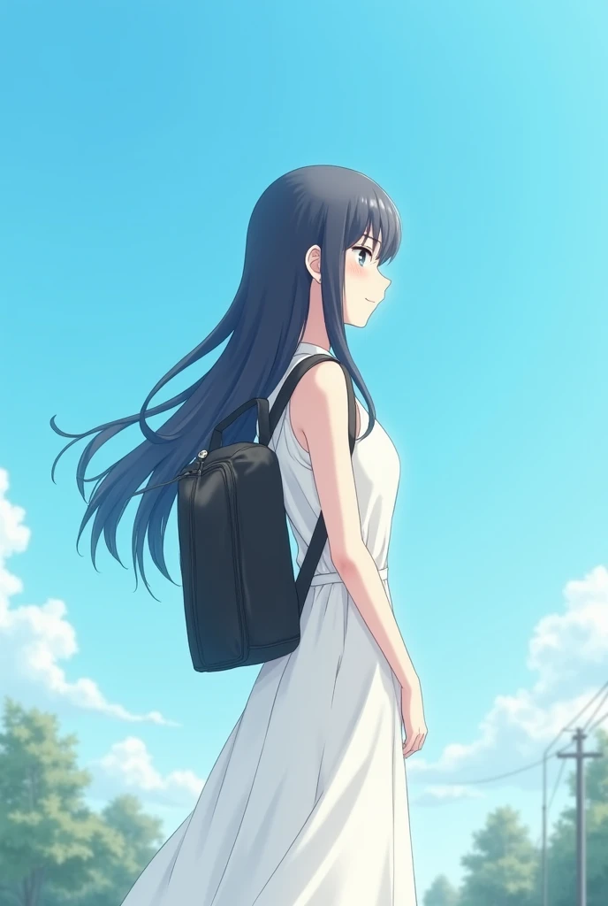  a girl ，White dress in white，Black long hair，Carrying a black backpack ，Standing，Half Body，, turned sideways and turned to the camera，Exterior view ，Blue sky。