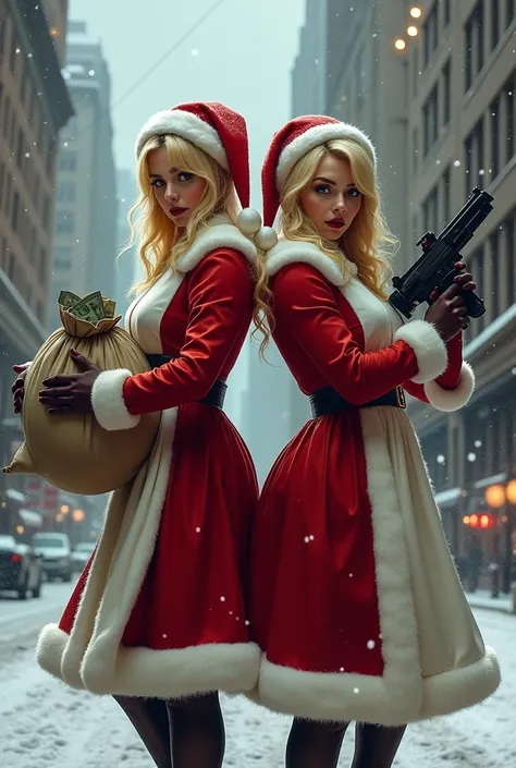 **Prompt em inglês:**  

"Two women dressed as Mrs. Claus are standing back-to-back in front of a large bank building. One woman is holding a sack of money tightly with a serious and determined expression, while the other is holding a machine gun with a co...