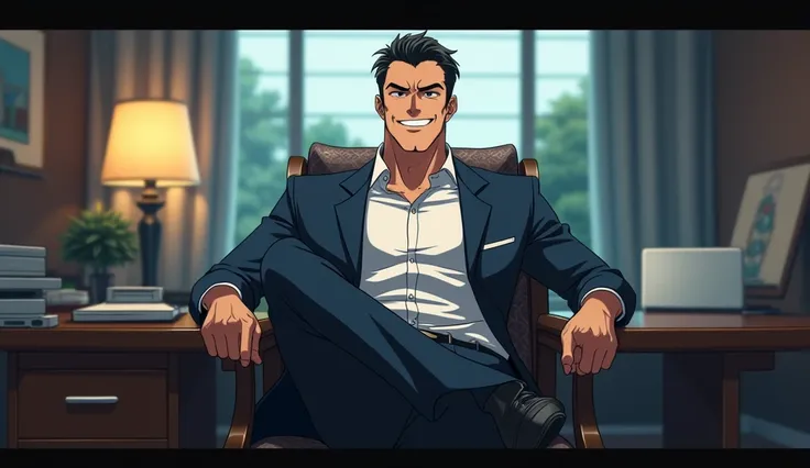 Make A Dramatic Anime scene Handsome Main Character Sitting In His Office Arrogantly Both His Legs On office Table Smiling in Front Of His Wife Assistant Anime Style