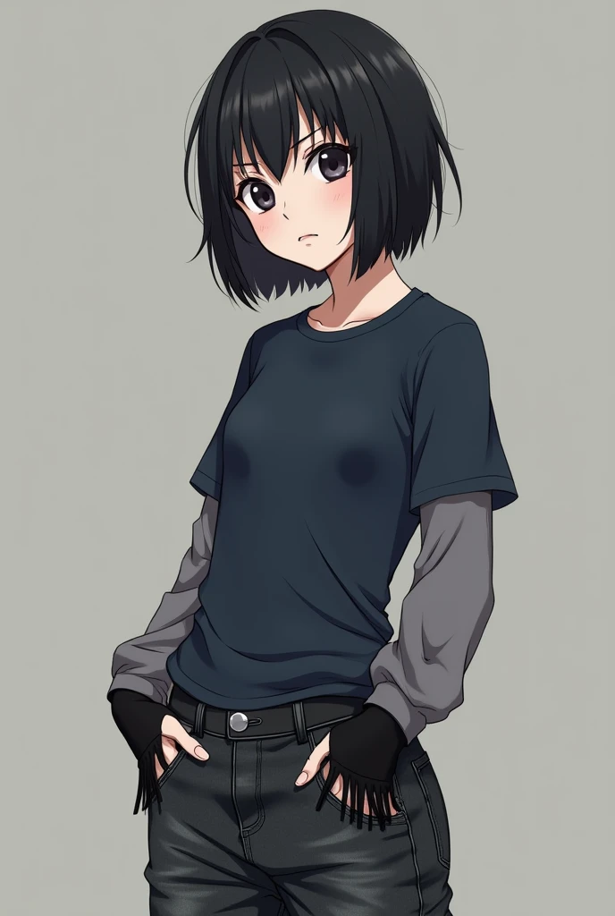  The person in the image is wearing a dark blue short sleeve t-shirt over a long sleeve t-shirt in color or dark gray.   A dark gray black denim pants and black shoes Claro ,  Kirito has a distinctive appearance in Sword Art Online .  your hair is black , ...