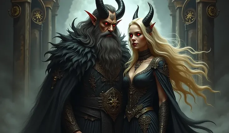 bearded and red-eyed demon king next to his wife, the blonde witch who is Macrons lover