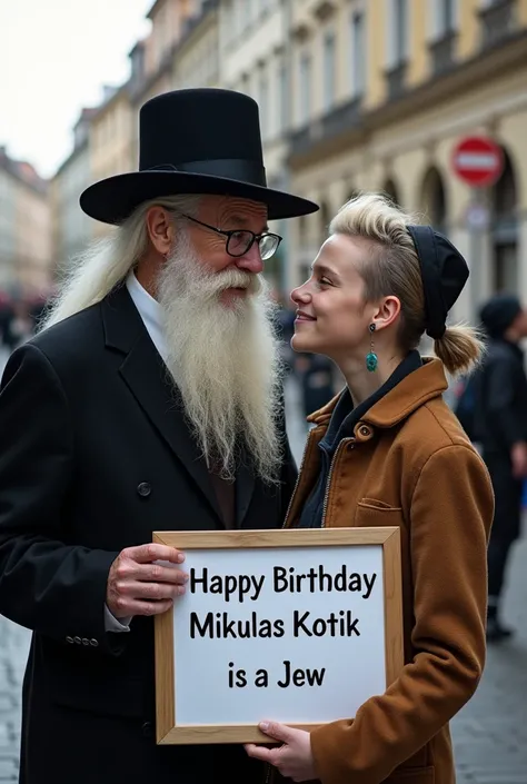 Very Orthodox jew wishing happy birthday to a slovak weird teenager and upon them is a sign: Mikulas Kotik je zid 