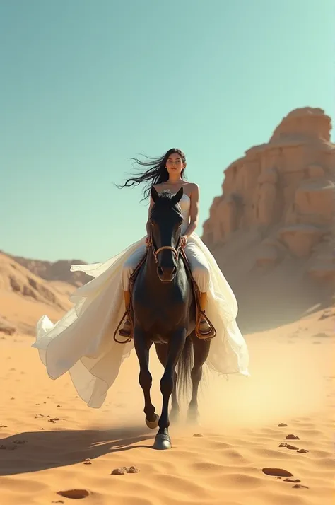 a woman dressed in white riding a black horse in the desert