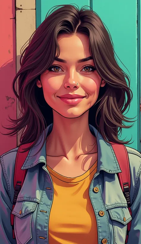 DISCREET image. with discreet casual clothes. image adult woman, american, comic book style. with a discreet smile. IMAGES WITH VIBRANT COLORS. focus on face. Colorful background
