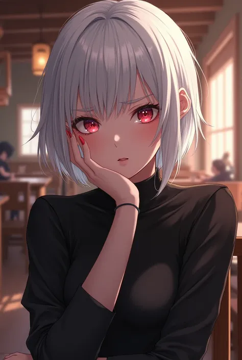 Female anime character with a mature face, red eyes, short white hair, with a cynical gaze, a slight smile, and posing with her palm resting on her cheek in a café setting