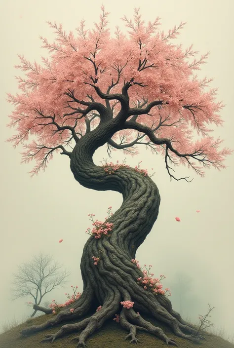 Surrealist drawing of a cherry tree with a twisted trunk and thick and long branches with flowers