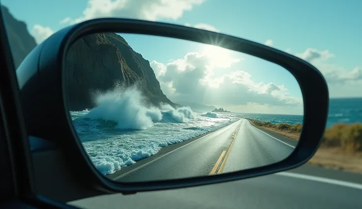 2.	 A rough sea seen through the rearview of a car, while the road ahead is sunny .