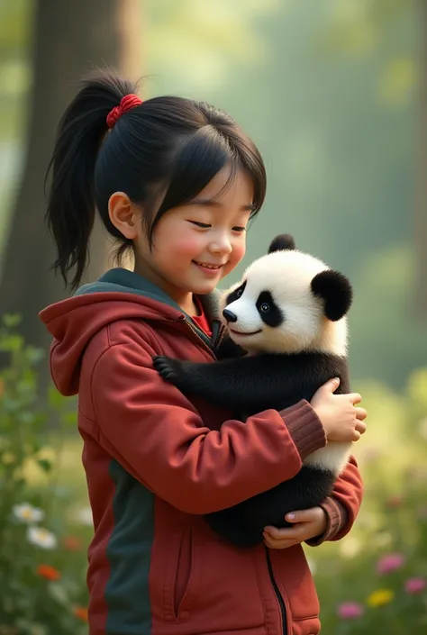 Ling cradles the baby panda
Image prompt: A heartwarming image of Ling gently cradl girl and  the baby panda in her arms, smiling lovingly at the little creature, with the forest landscape blurred in the background.