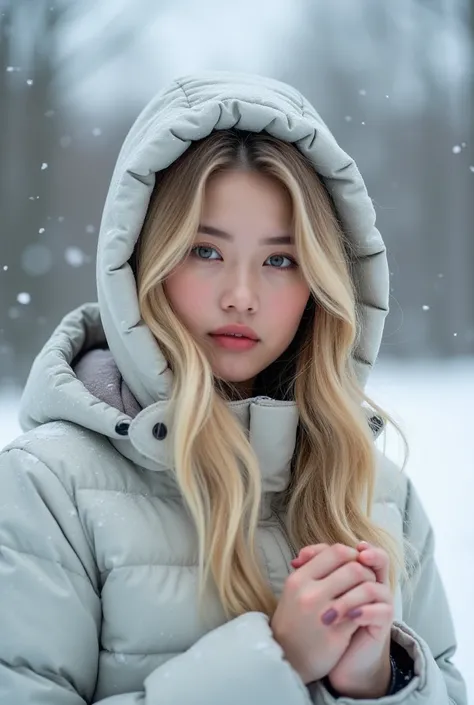 22-year-old European woman ,  long blond hair , wavy,  plump lips in a rosy tone ,  Athletic body,  big boobs,  Light blue eyes ,  hair with gold-colored highlights .  In a snowsuit in a snowy environment holding hands with a 22-year-old Korean man dark ey...