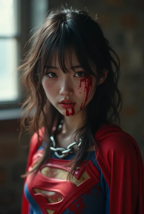  live action ,  Japans cute supergirl in her 20s 、 ( Supergirls torso, legs, and arms were slashed with a sword,  costume that shows bare skin is torn everywhere、The 、Blood is coming out of the eye:1.5)、 Expression of deep pain     ,  dramatic, dramatic tr...