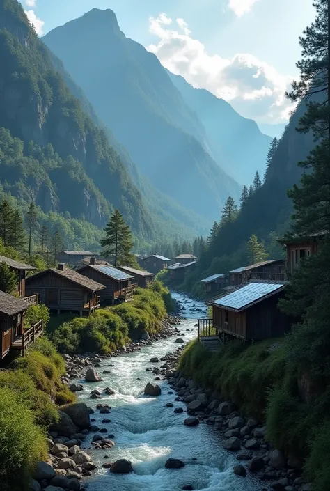 residence of a beautiful village located in front of a mountain with a river flowing through, are all excited and celebrating for having solar panels on their roofs generating lights for the first time