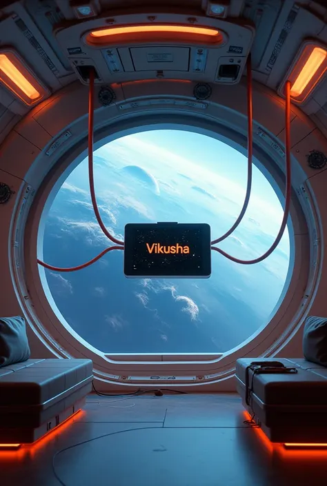 A spacecraft from the inside shows planets and space from the window. There is a smart tablet that says Vikusha suspended in the air due to the lack of gravity connected to orange cables