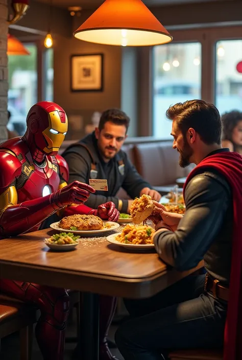 A cozy shawarma restaurant with Iron Man, Captain America, and Thor sitting together at a table piled high with food. Iron Man looks annoyed as he pulls out a sleek, futuristic credit card to pay, while Thor happily devours a shawarma, bits of sauce drippi...