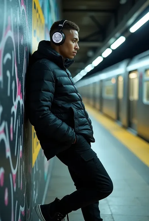 [Type of Image: Stylish individual wearing Lunar Crater Headphones in a subway setting]
A photorealistic image of a stylish man leaning casually against a graffiti-covered subway wall, wearing Lunar Crater Headphones. These headphones feature 3D-printed cr...