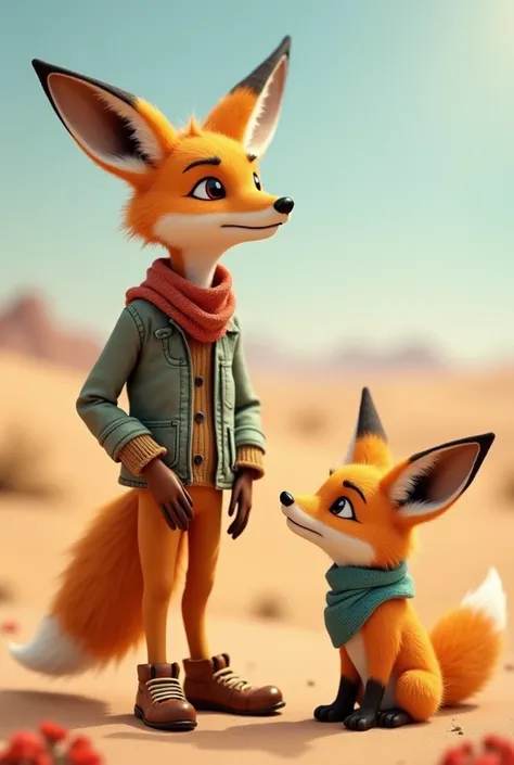 The desert fox is tall and cute and wears clothes and shoes. He was tall and left with his little brother, who is small and orange. Cute artificial desert fox. They both look very happy and look at each other warmly. They both live in a desert and have kin...