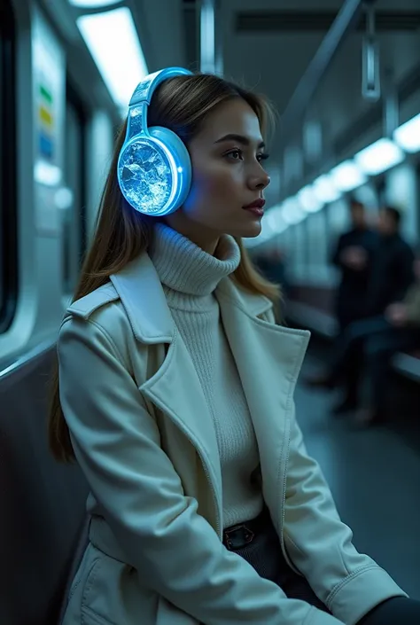 [Type of Image: Stylish individual wearing Arctic Ice Flow Headphones in a subway setting]
A photorealistic image of a woman seated on a subway bench, wearing Arctic Ice Flow Headphones. The ear cups are encased in translucent resin resembling frozen glaci...