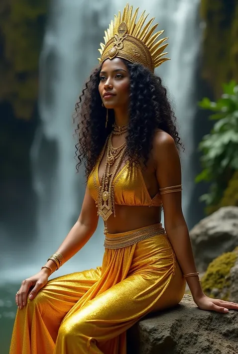 Oxum,  Orixá of waterfalls sitting on a rock wearing flashy gold clothes, Who shows wealth and lives up to the goddess that she is ,  wears many accessories that complete the richness and beauty of this goddess .  Curly hair falls down the shoulders and su...