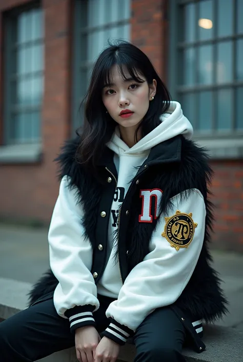 
 A young Korean women in urban casual style ,  is wearing a black and white feathered varsity jacket with embroidered patches that read  "Nazwa" And the letter  "N".  This woman wears a white hoodie under his jacket , with a hood covering the back of the ...