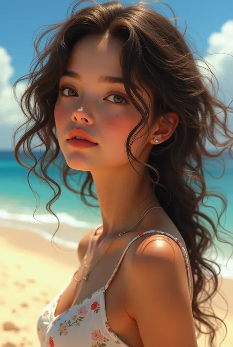  Curly haired girl, PIEL BLANCA,  brown eyes.  with a beach background 