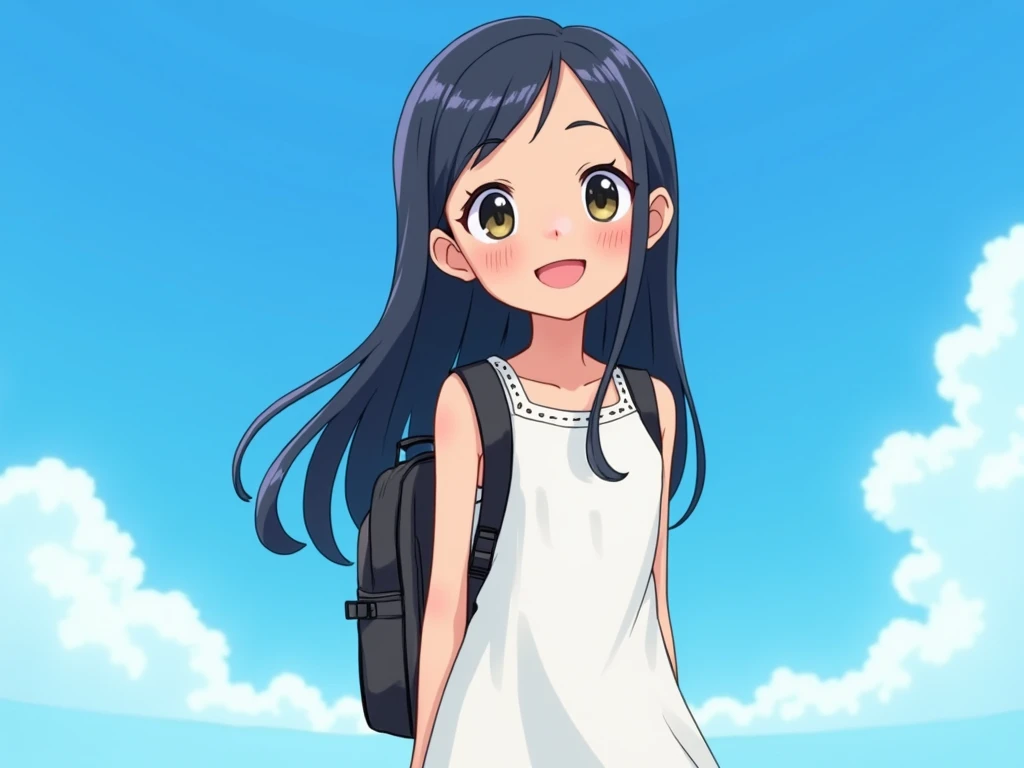  a girl ，，Smile，White dress in white，Black long hair，Carrying a black backpack ，Standing，Half Body，sideways，Face to camera ，Close-up， The person is on the right side of the frame，cartoon，Exterior view ，Blue sky。