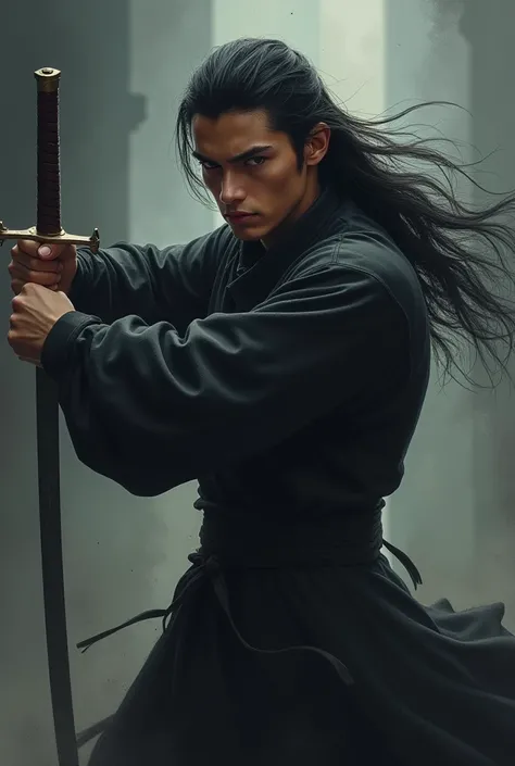 A young man with a simple metal sword of 1 meter and 30 centimeters wearing black clothes the young man has long black hair strong athletic physique