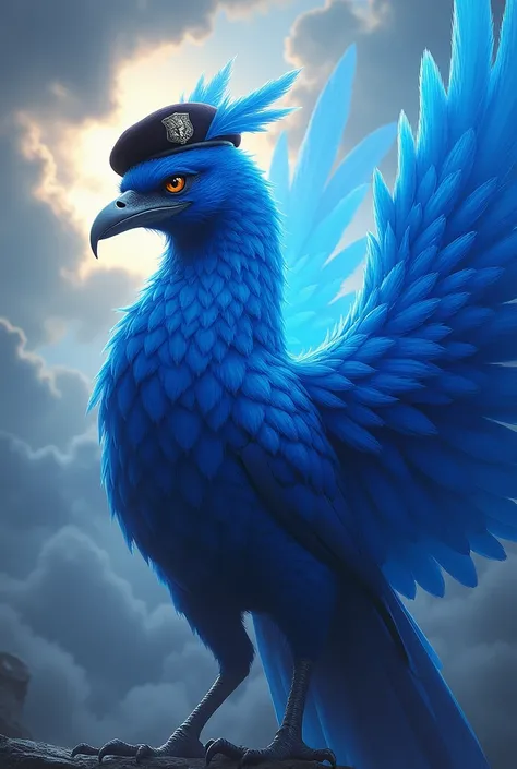 A blue phoenix with a military beret