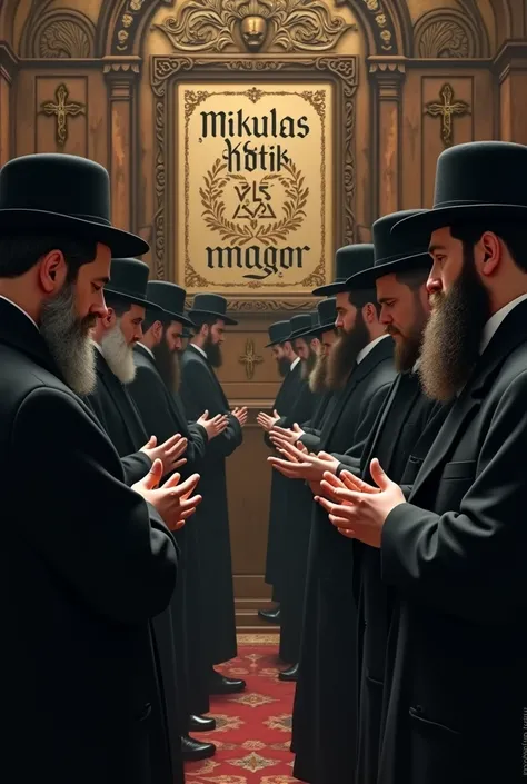 Several Orthodox jews praying to sign where is writed: Mikulas Kotik is magor