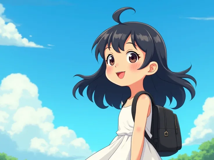 A young girl，Smile，White dress in white，Black long hair，Carrying a black backpack ，Standing，Half Body，sideways，Face to camera ，Close-up， The person is on the right side of the frame，cartoon，Exterior view ，Blue sky。